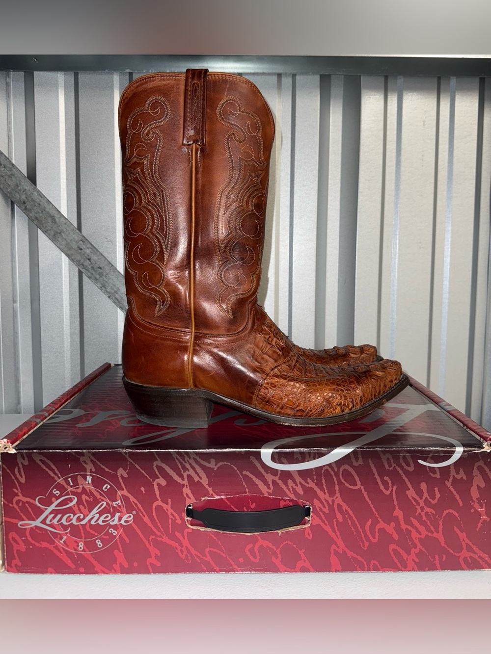 LUCCHESE TAN BURNISHED SADDLE HB CAIMAN BOOTS SIZE 11 D